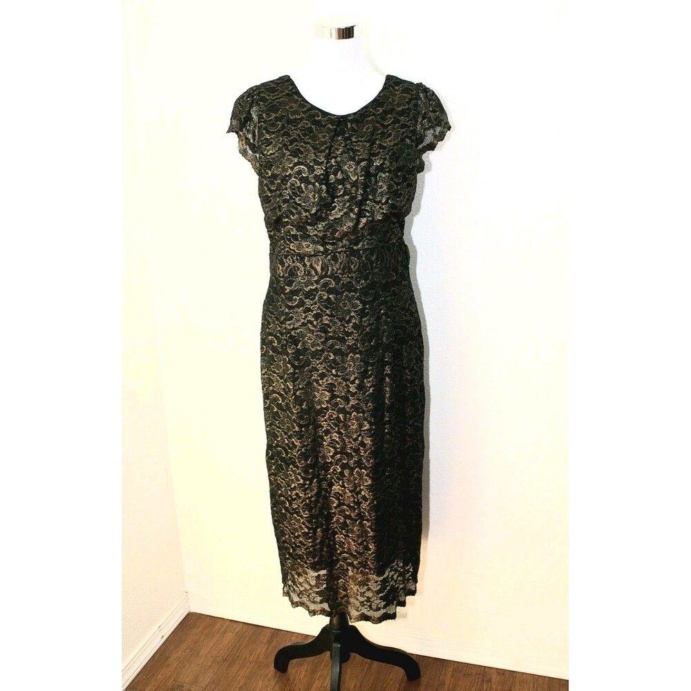 Whimsigoth Glam Dark Fairy ALLEN B By Allen Schwartz Dress XL Black Gold Lace 04